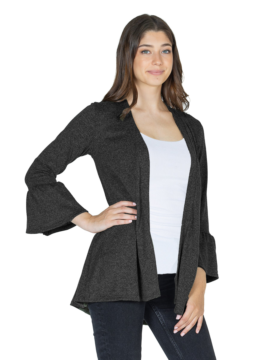 Essential Womens Knit Three Quarter Bell Sleeve Open Jacket