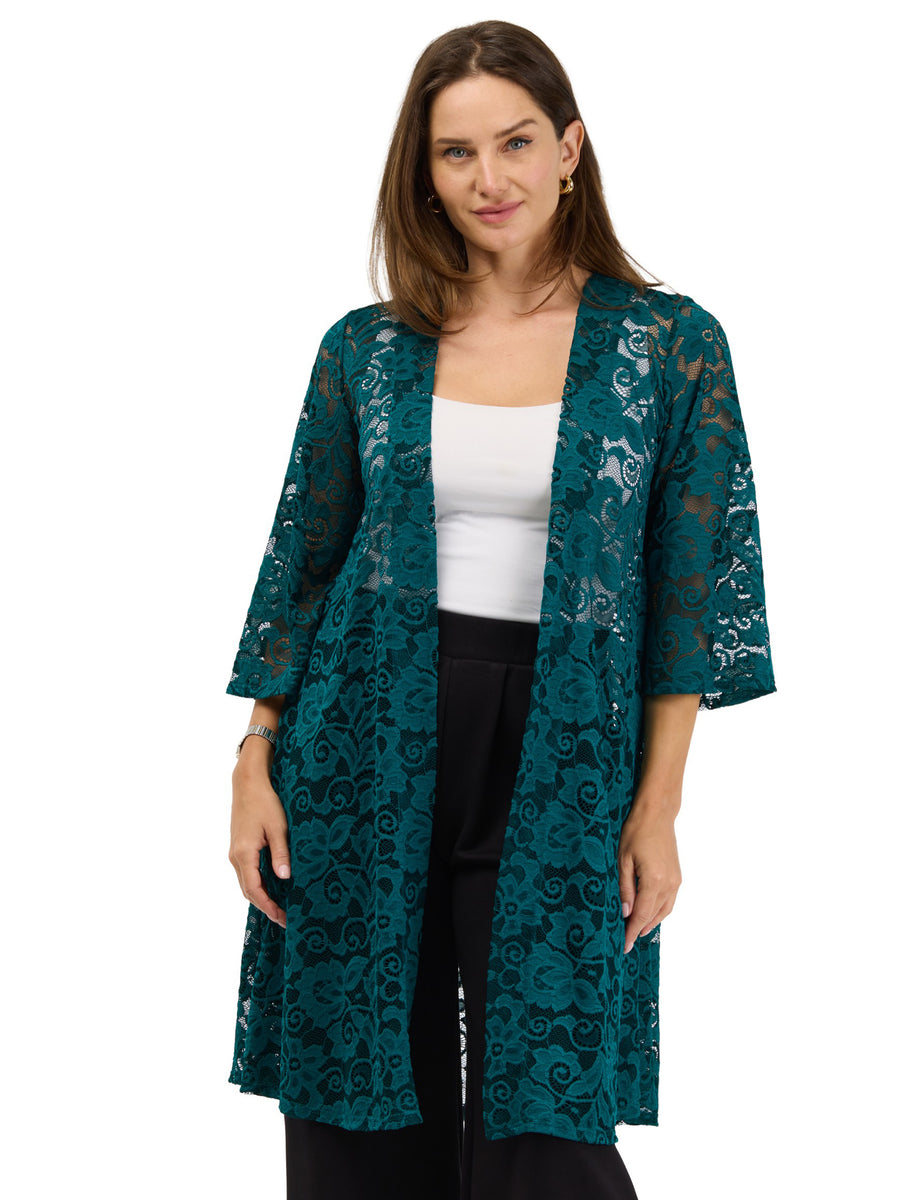 24seven Comfort Elevate Womens Lace Open Front Three-Quarter Sleeves Jacket