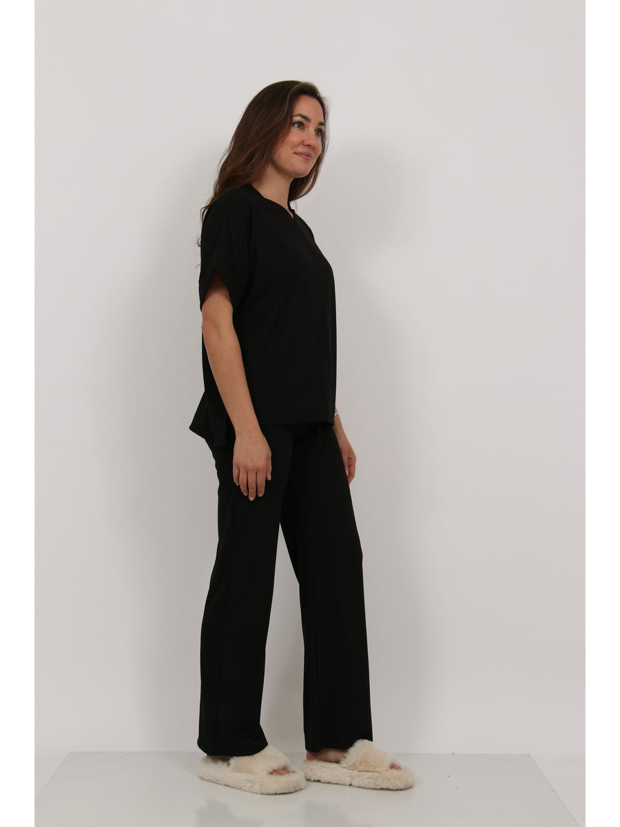 Basic Womens Ribbed Knit Dolman Sleeve V Neck Top and Drawstring Wide Leg Pant Set
