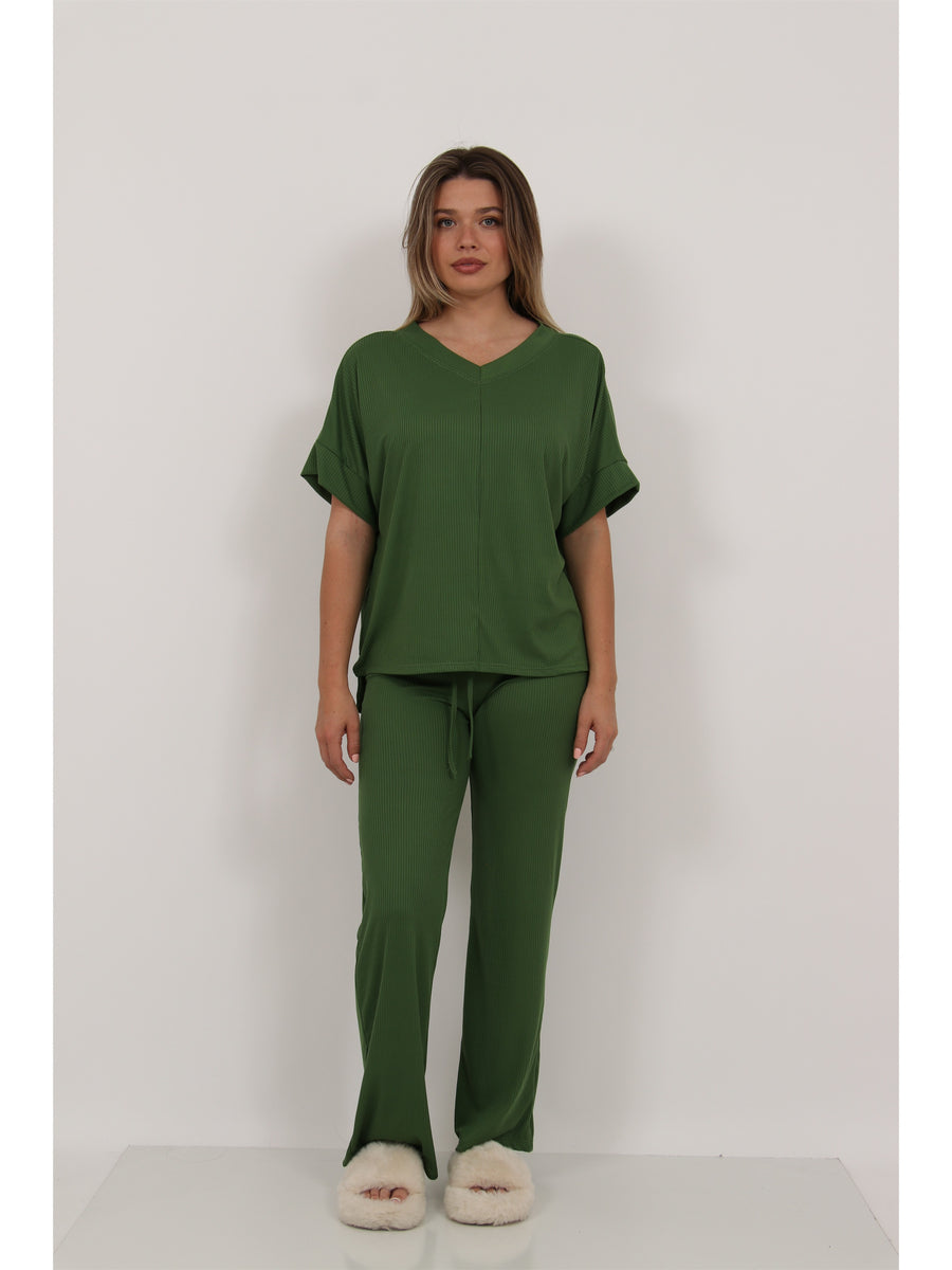 Basic Womens Ribbed Knit Dolman Sleeve V Neck Top and Drawstring Wide Leg Pant Set