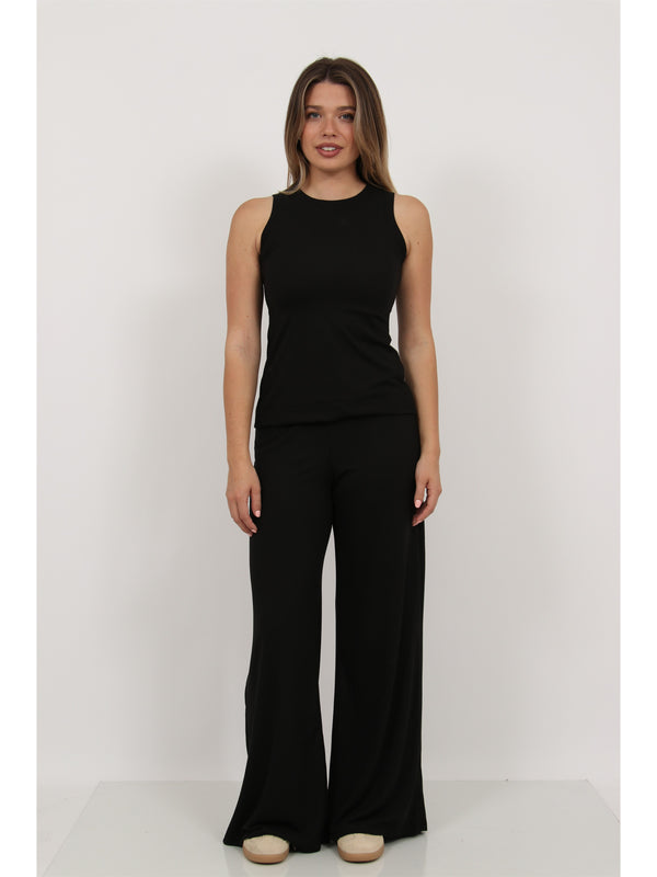 Basic Womens Ribbed Knit Tank Top and Elastic Waist Wide Leg Pant Set