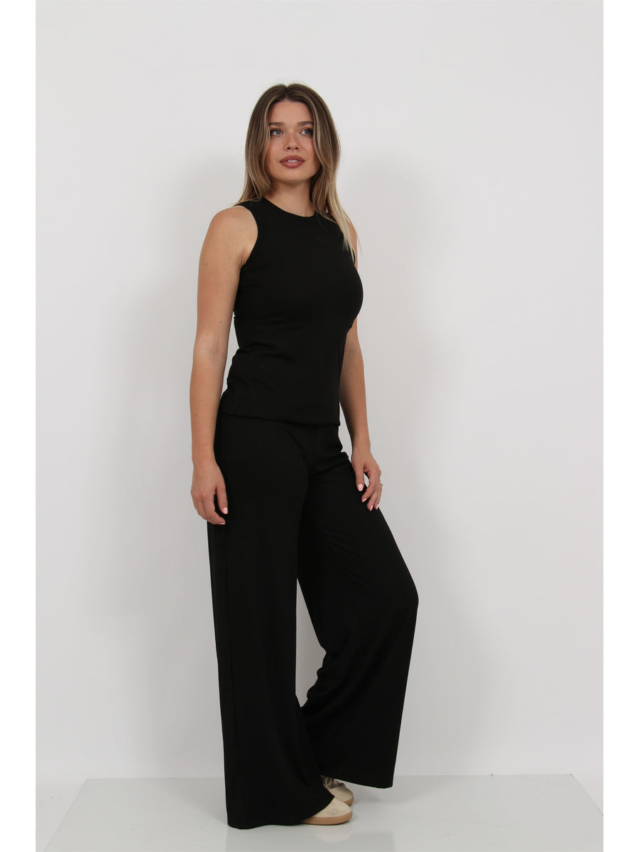 Basic Womens Ribbed Knit Tank Top and Elastic Waist Wide Leg Pant Set