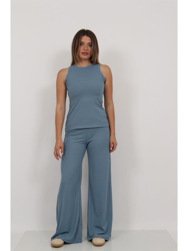 Basic Womens Ribbed Knit Tank Top and Elastic Waist Wide Leg Pant Set