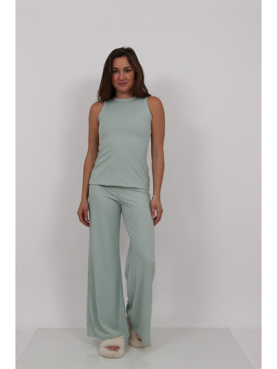 Basic Womens Ribbed Knit Tank Top and Elastic Waist Wide Leg Pant Set