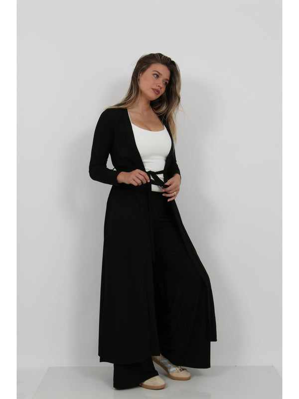 Basic Womens Long Sleeve Tie Waist Soft Jacket and Elastic Waist Wide Leg Pant Set