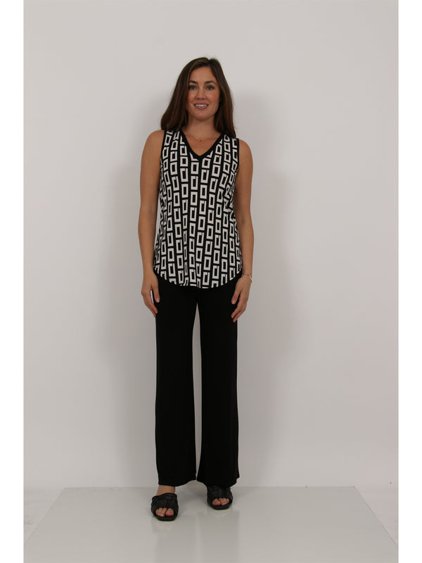Essential Womens Geometric Print V Neck Sleeveless Round Hem Top and Elastic Waist Flared Pant Set
