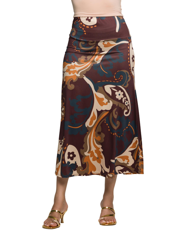 Essential Womens Brown Paisley Print Elastic Waist Maxi Skirt