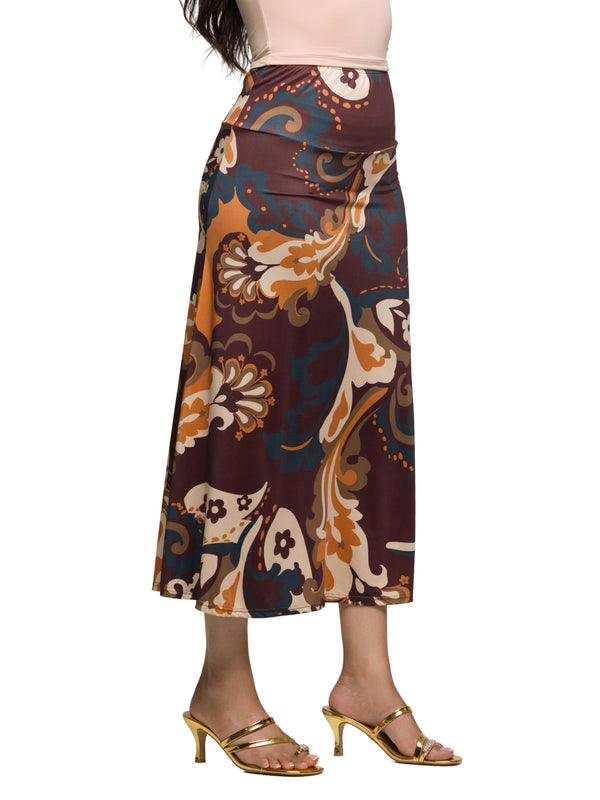 Essential Womens Brown Paisley Print Elastic Waist Maxi Skirt