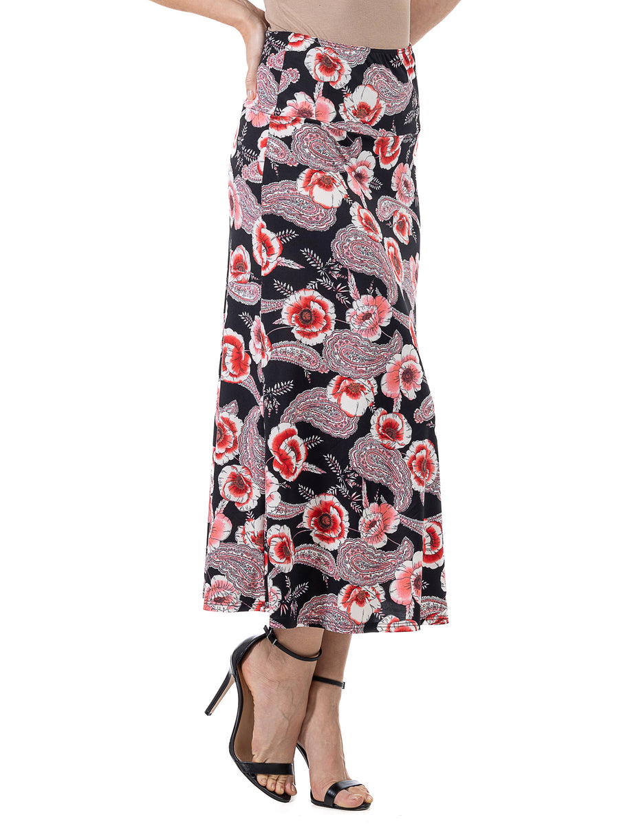 Essential Womens Black and Red Floral Maxi Skirt