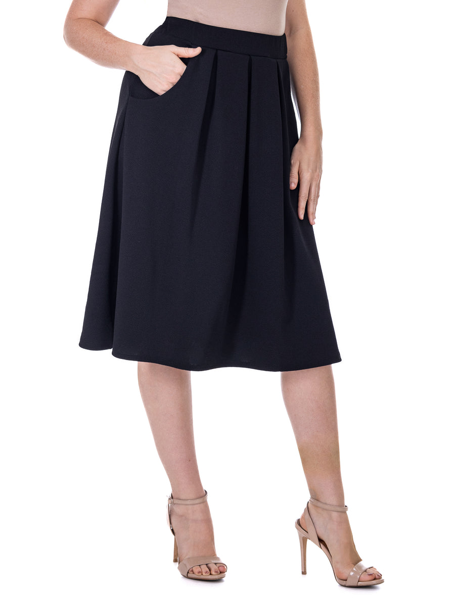 Essential Womens Elastic Waist Pleated Knee Length Pocket Skirt