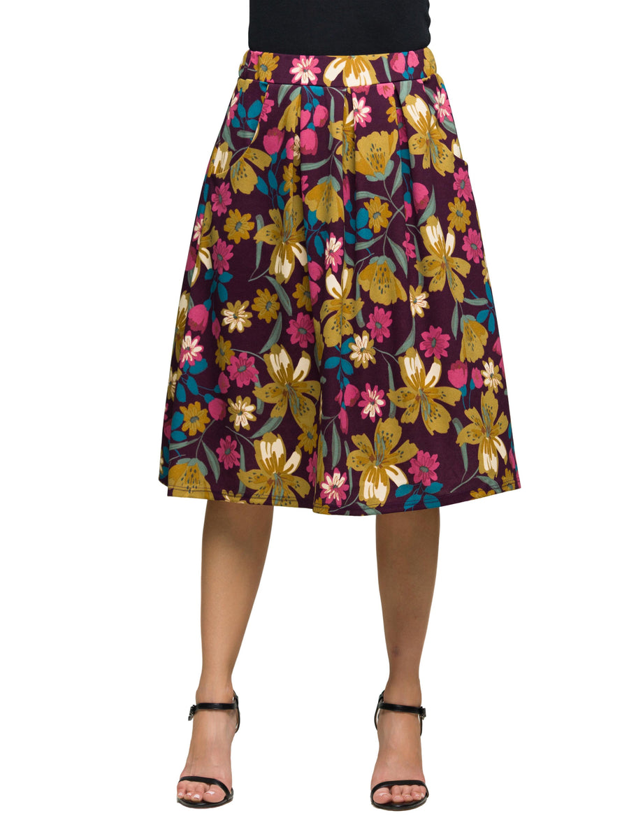 Essential Womens Purple Floral Elastic Waist Pocket Midi Skirt
