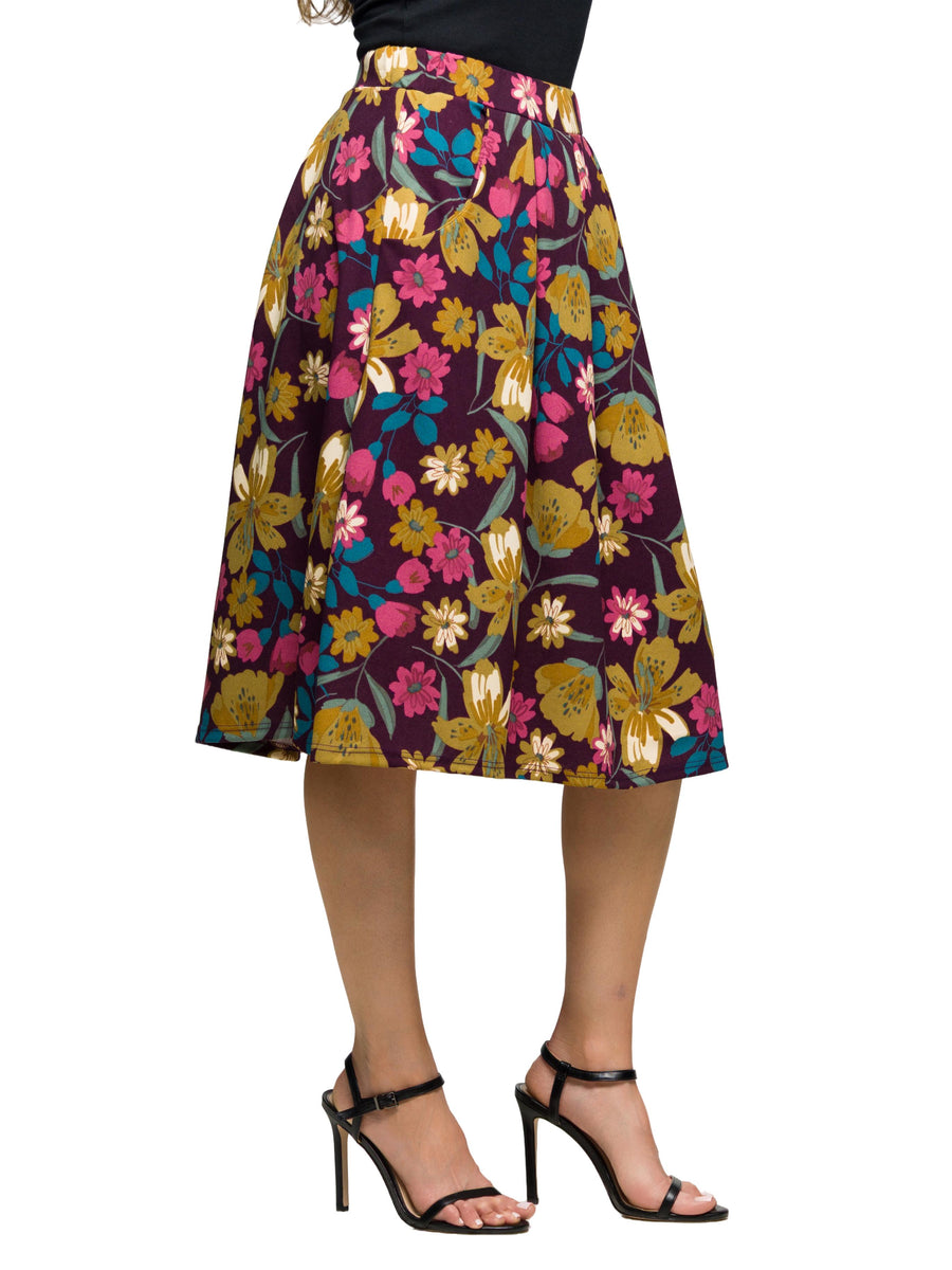 Essential Womens Purple Floral Elastic Waist Pocket Midi Skirt