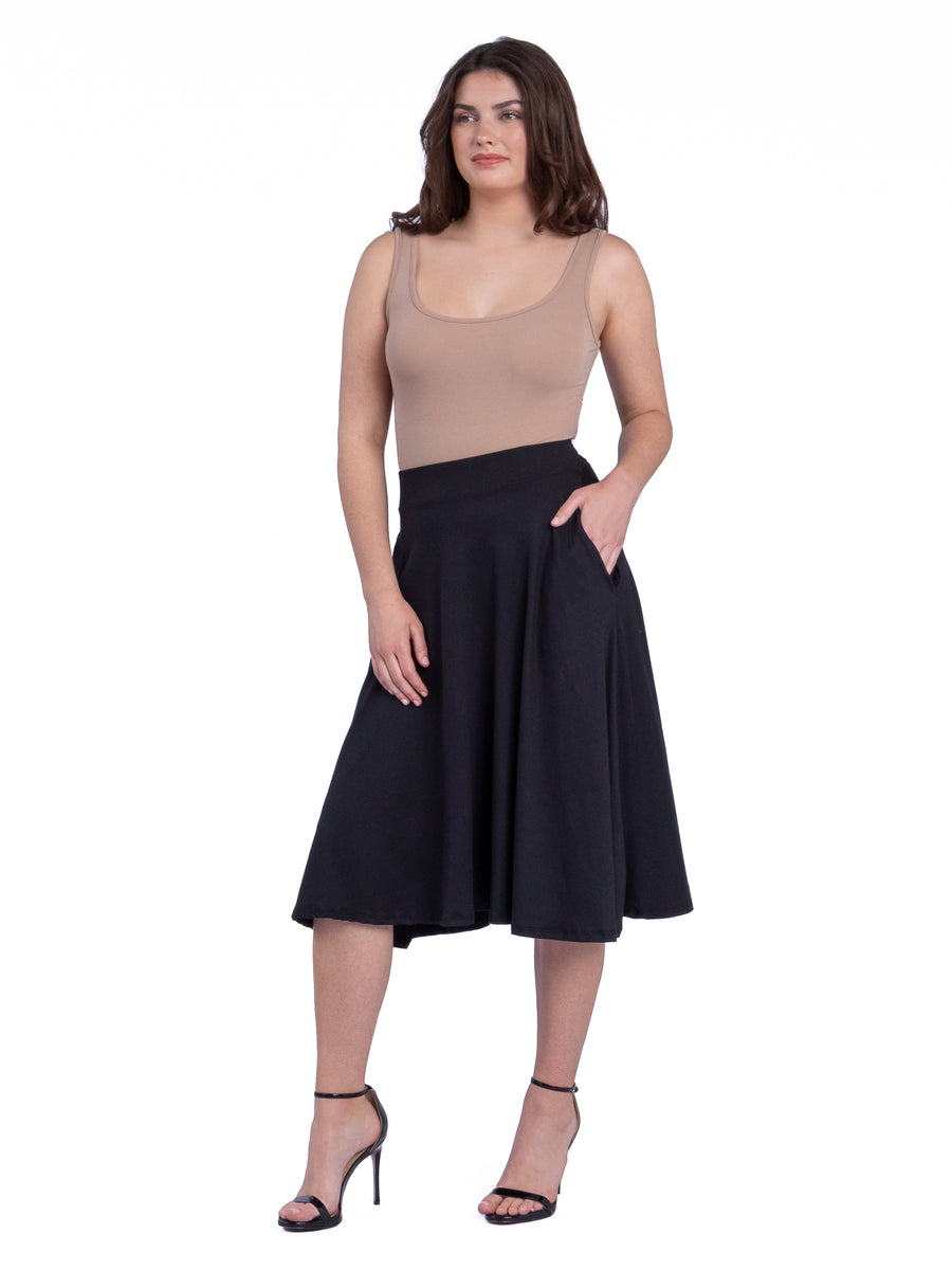 Essential Womens Elastic Waist Pleated Pocket Midi Skirt