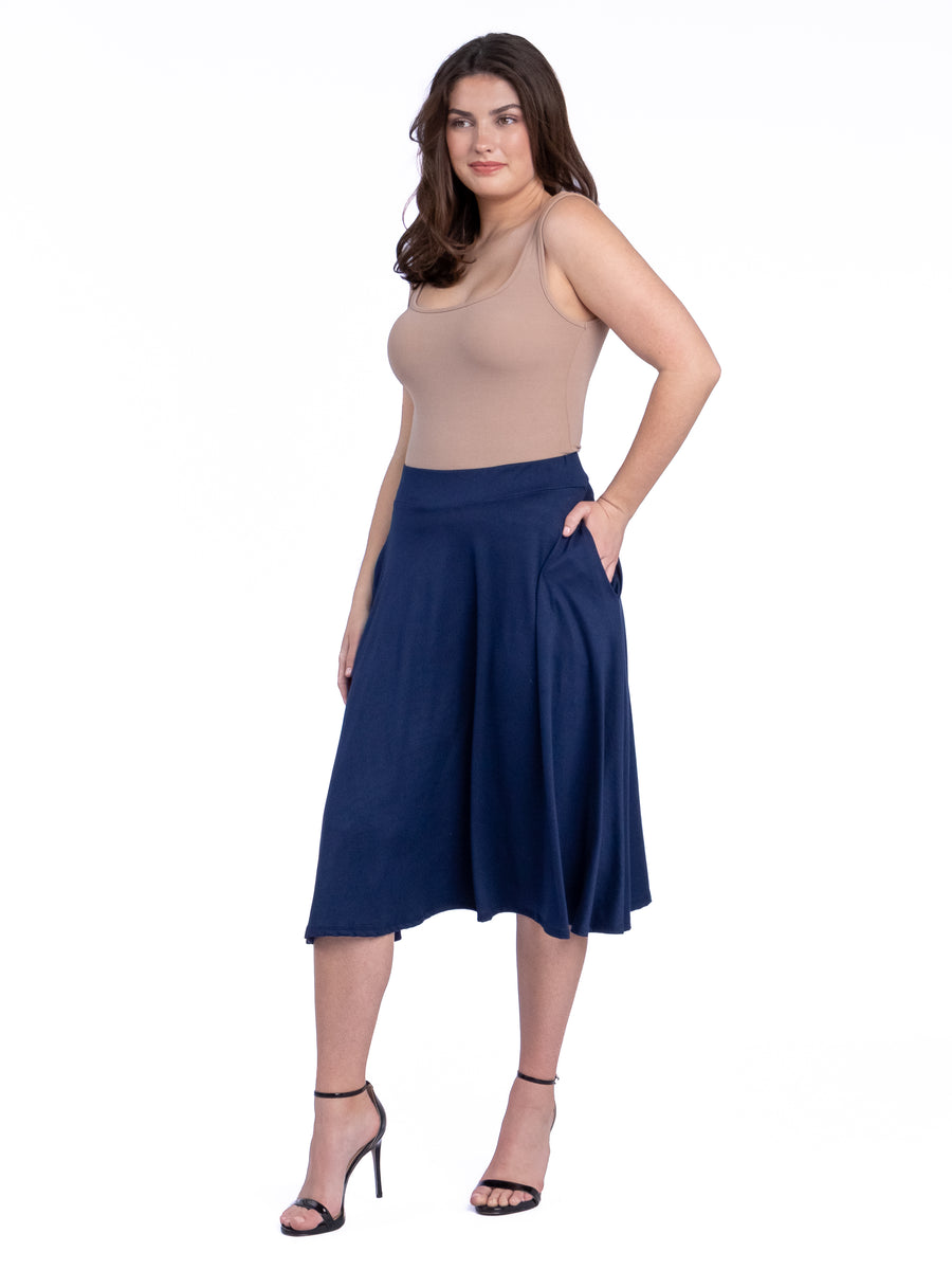 Essential Womens Elastic Waist Pleated Pocket Midi Skirt