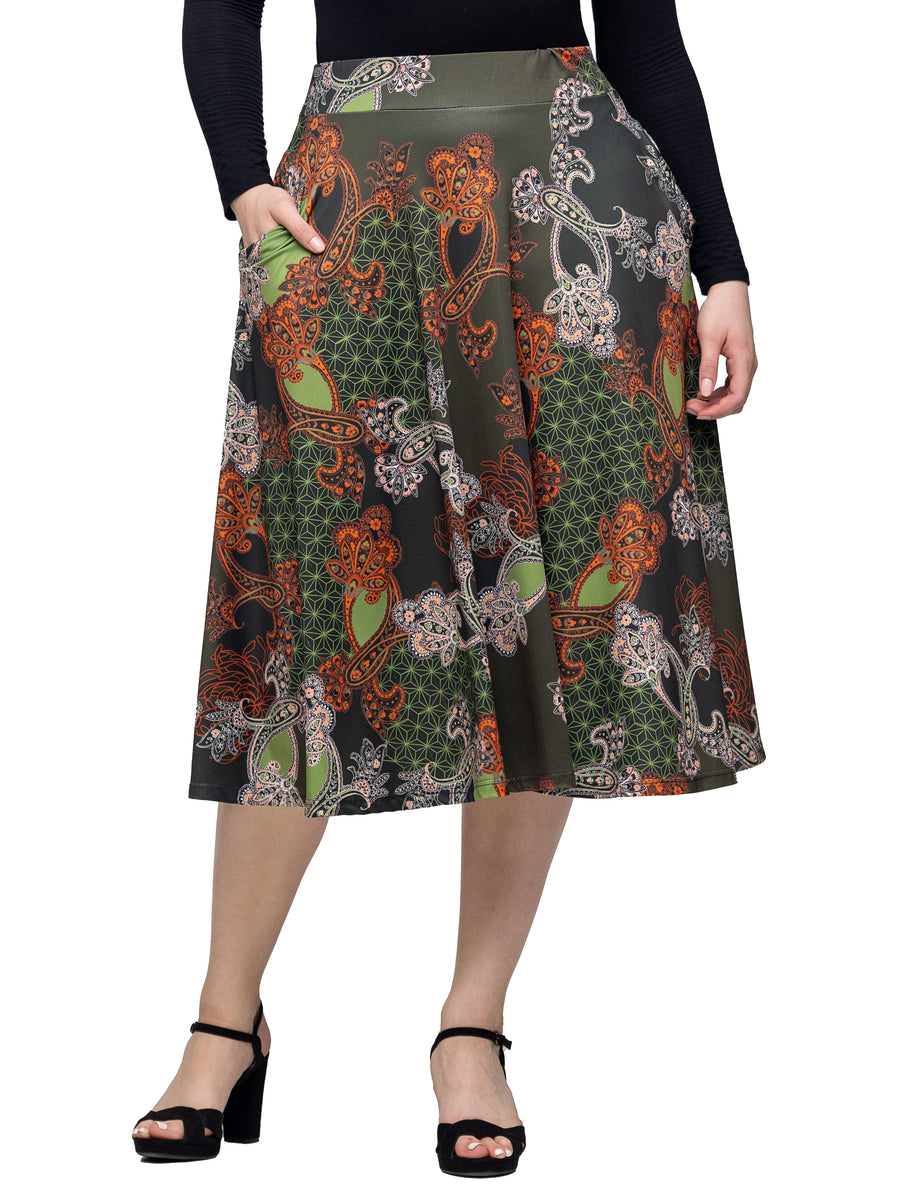 Essential Womens Green Print Elastic Waist Pocket Midi Skirt