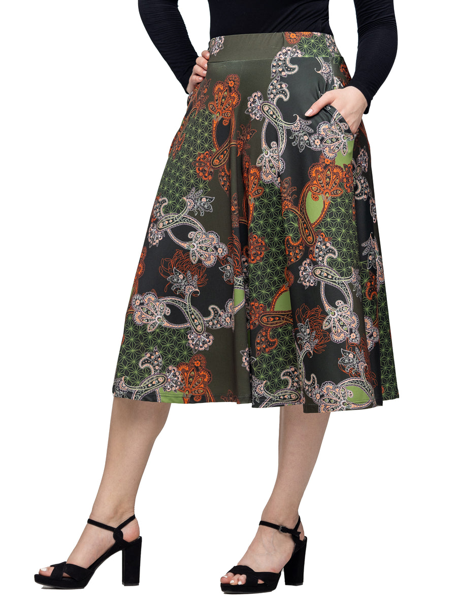 Essential Womens Green Print Elastic Waist Pocket Midi Skirt