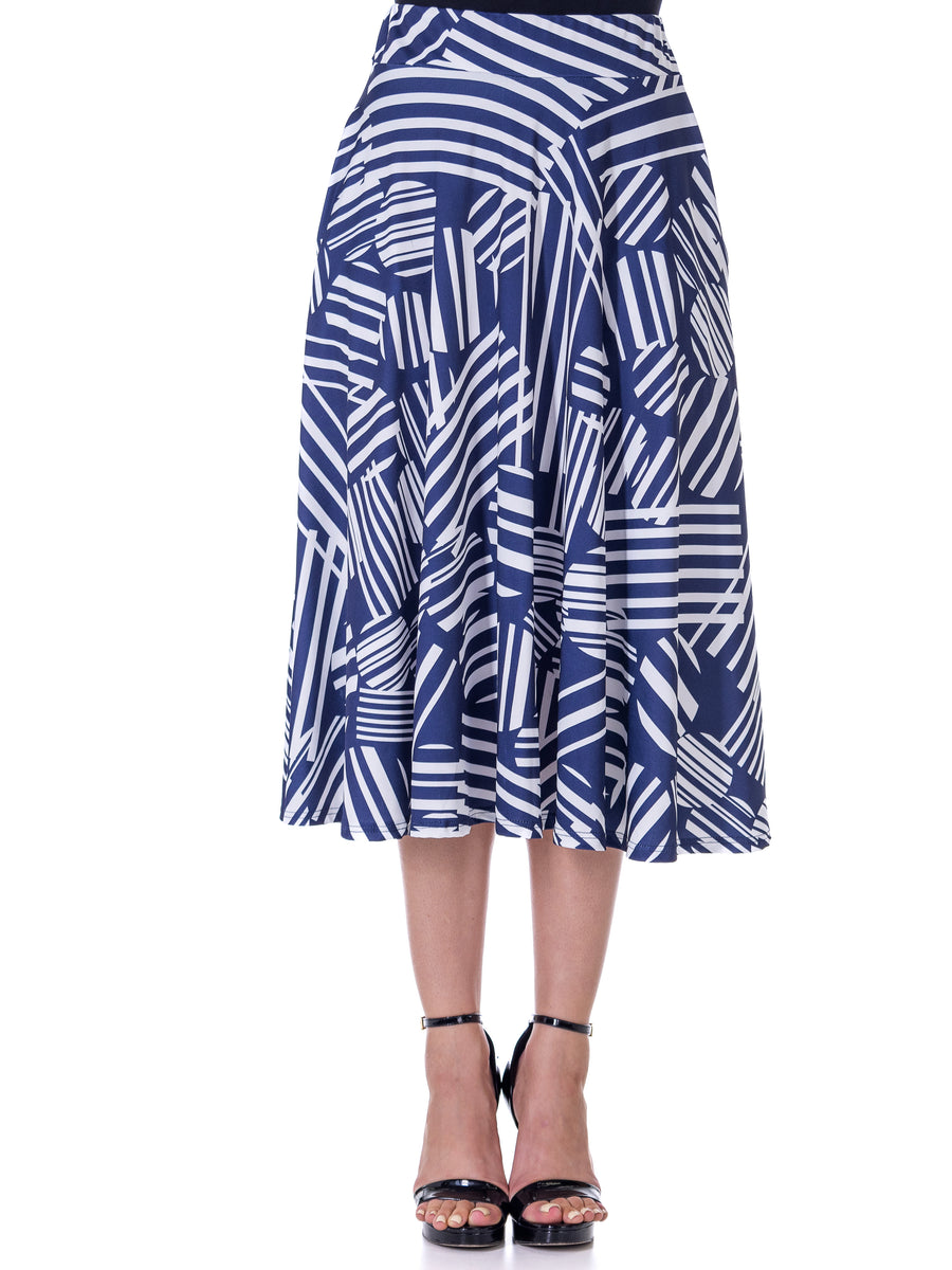 Essential Womens Navy Geometric Print Pleated With Pocket Midi Skirt