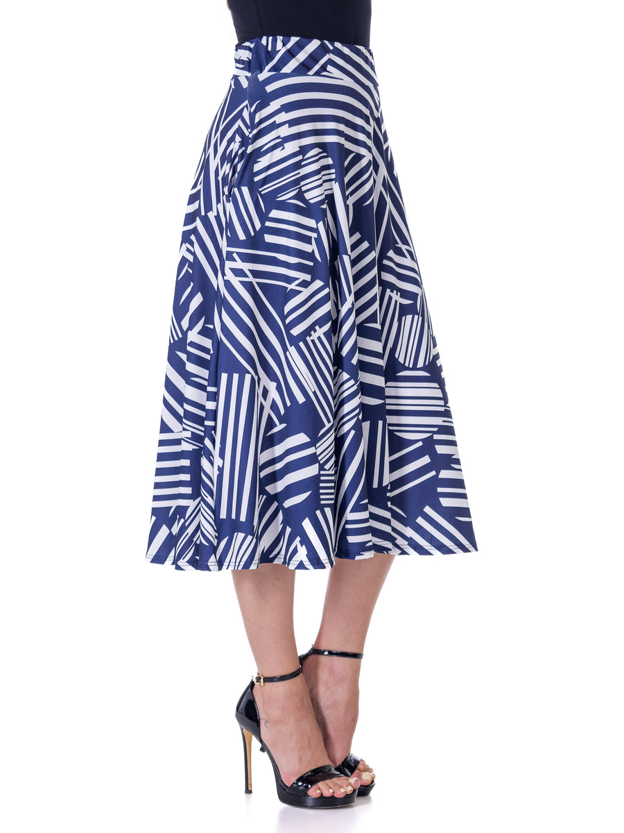 Essential Womens Navy Geometric Print Pleated With Pocket Midi Skirt