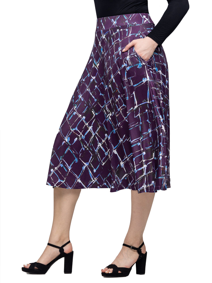 Essential Womens Purple Print Elastic Waist Pocket Midi Skirt