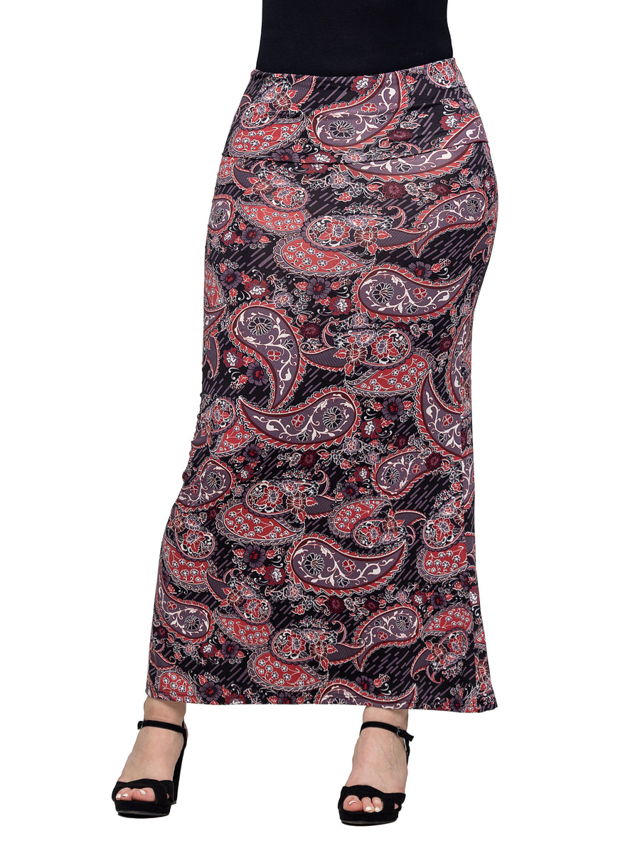 Essential Womens Paisley Print Fold Over Waist Maxi Skirt