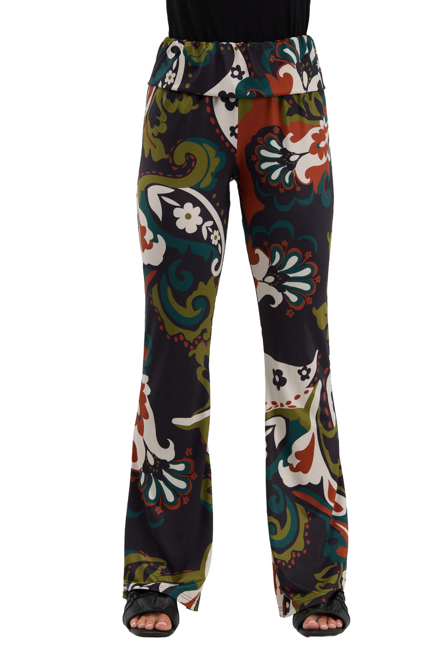 24seven Comfort Essential Womens Paisley Floral Bell Bottom Foldover Waist Sweatpants