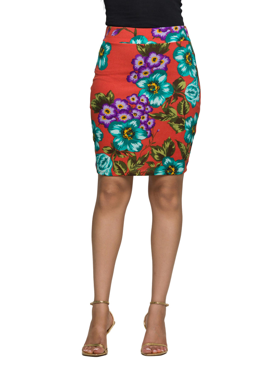 Essential Womens Floral Elastic Waist Knee Length Pencil Skirt