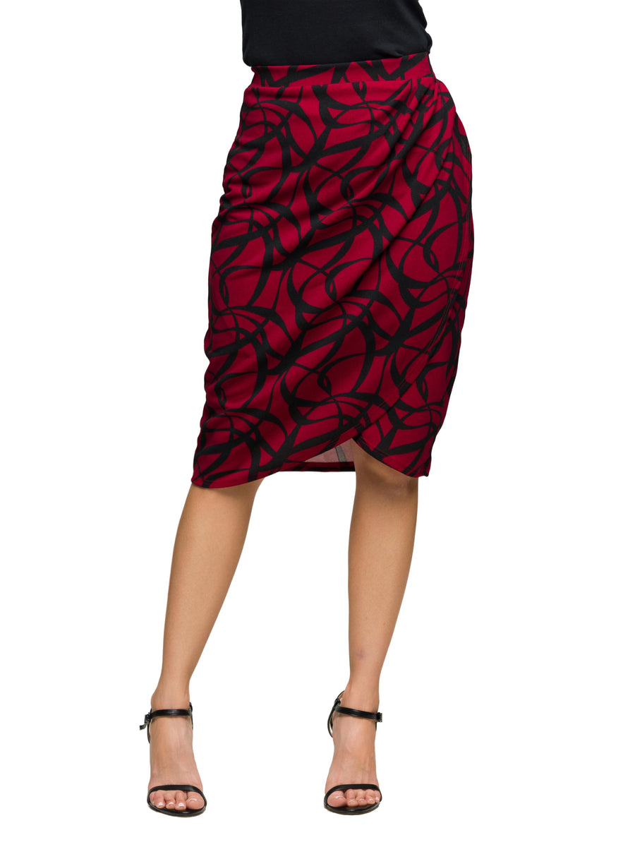Essential Womens Burgundy Print Ruched Knee Length Skirt