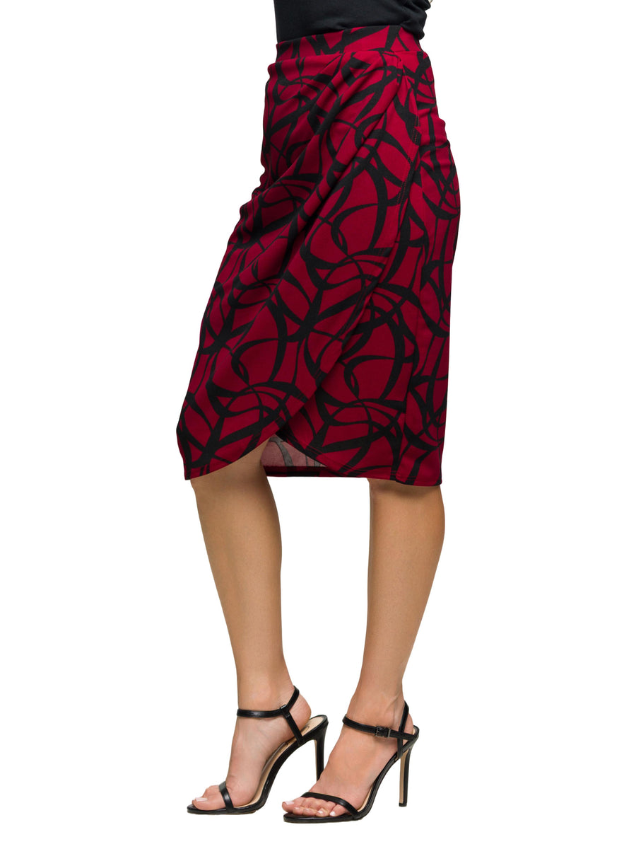 Essential Womens Burgundy Print Ruched Knee Length Skirt