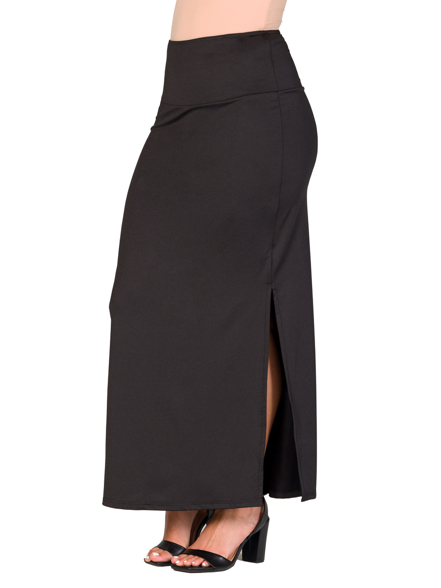 Basic Womens Versatile Side Slit Elastic Waist Maxi Skirt