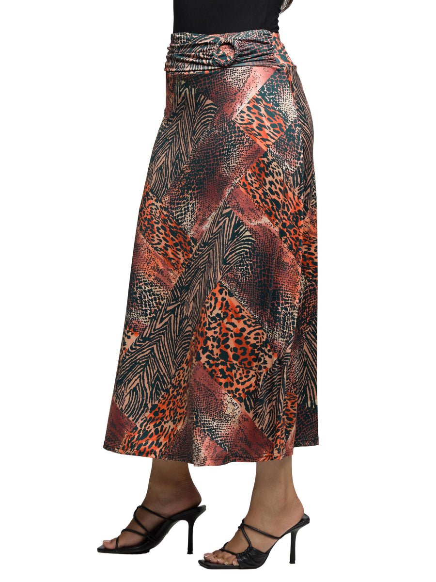 Essential Womens Brown Animal Patchwork Print Maxi Skirt