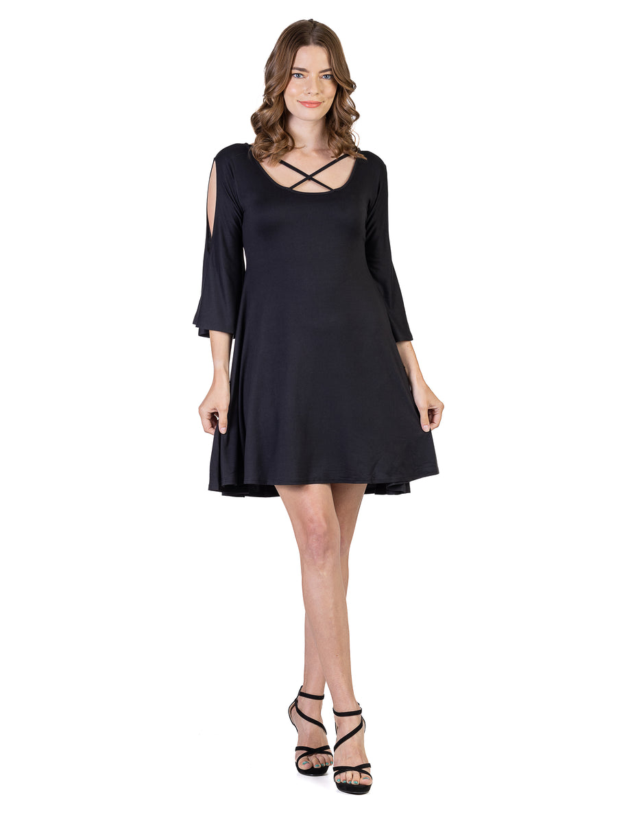 Essential Womens Neck Cold Shoulder Bell Sleeve A Line Soft Flare Dress