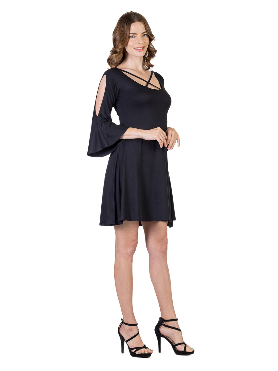 Essential Womens Neck Cold Shoulder Bell Sleeve A Line Soft Flare Dress