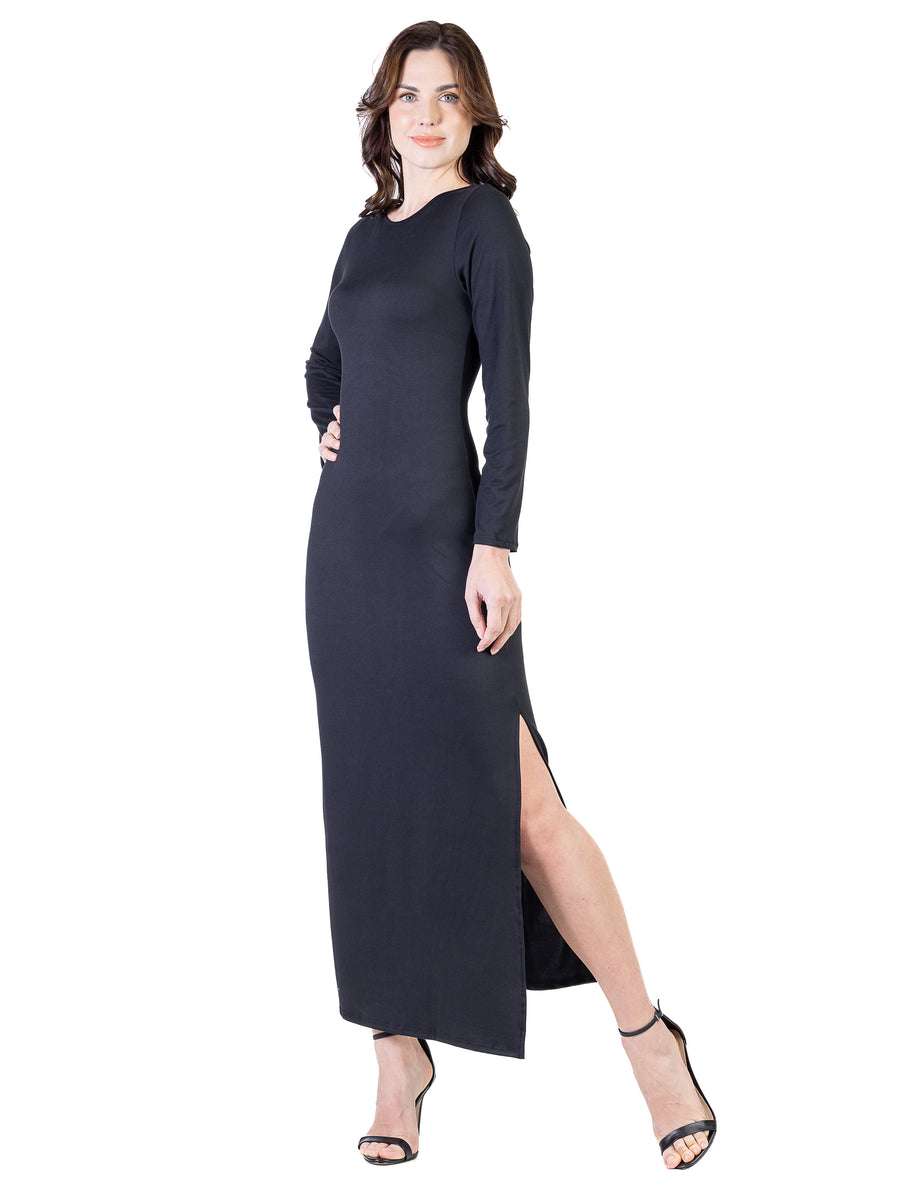 Essential Petite Boat Neck Long Sleeve Side Slit Fitted Maxi Dress