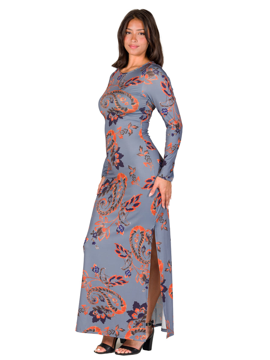 Essential Womens Paisley Long Sleeve Side Slit A Line Maxi Dress