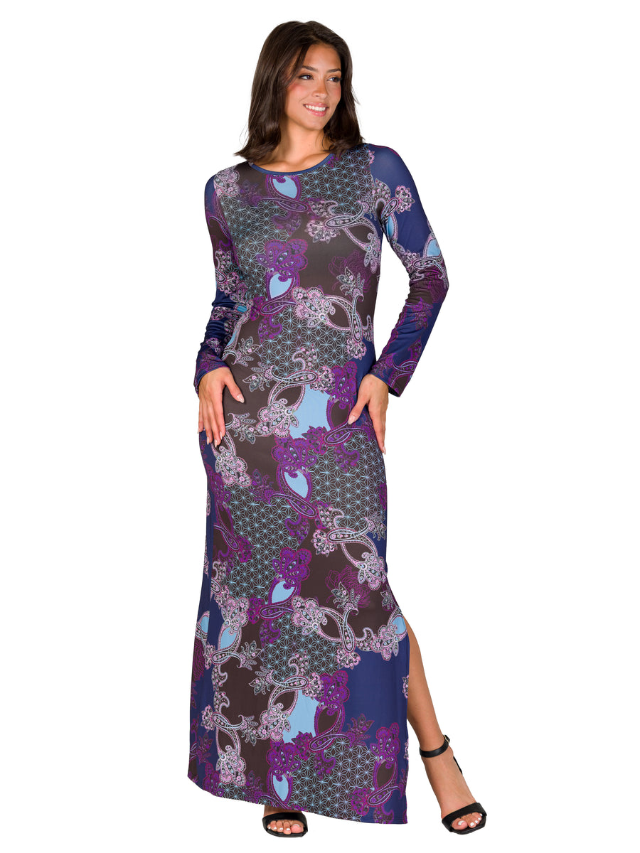 Essential Womens Paisley Long Sleeve Side Slit Fitted Maxi Dress