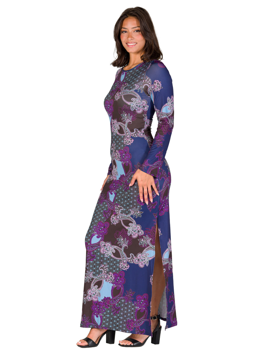 Essential Womens Paisley Long Sleeve Side Slit Fitted Maxi Dress