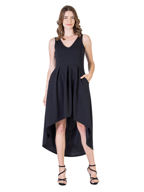 Elevate Womens Sleeveless V Neck High Low Pleated Pocket Midi Dress