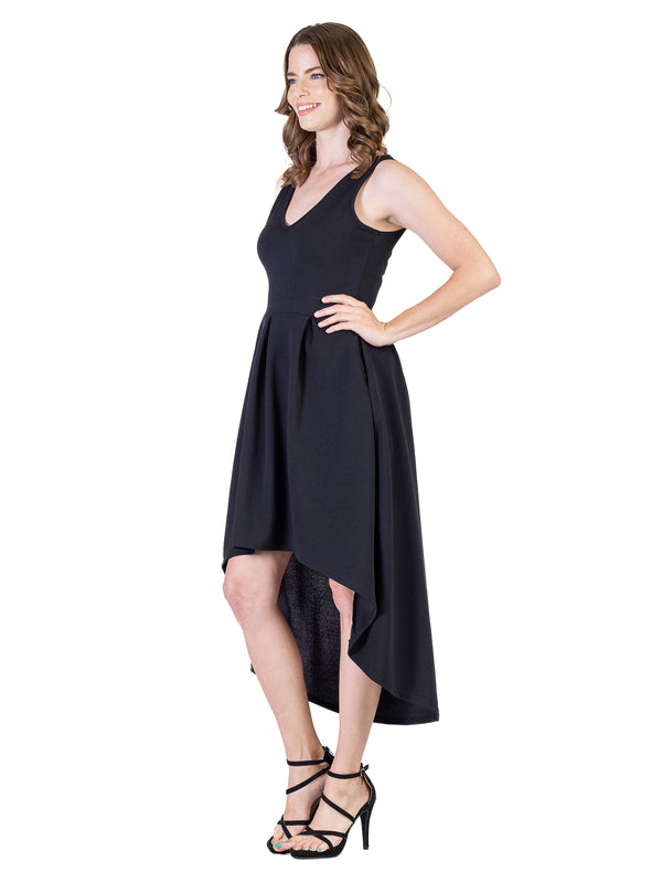 Elevate Womens Sleeveless V Neck High Low Pleated Pocket Midi Dress