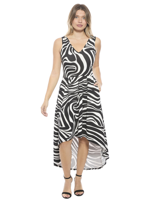 Elevate Womens Zebra Sleeveless Fit N Flare High Low Pocket Midi Dress