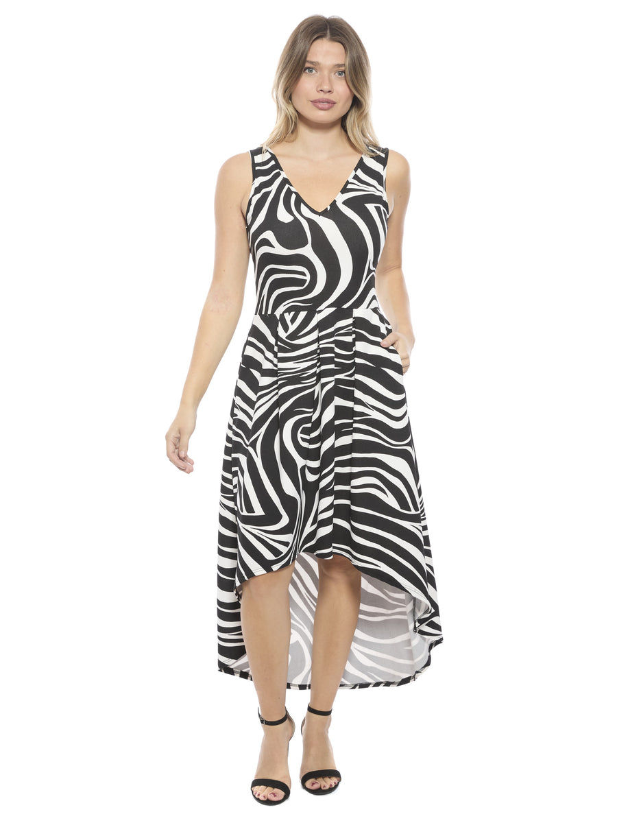 Elevate Womens Zebra Sleeveless Fit N Flare High Low Pocket Midi Dress