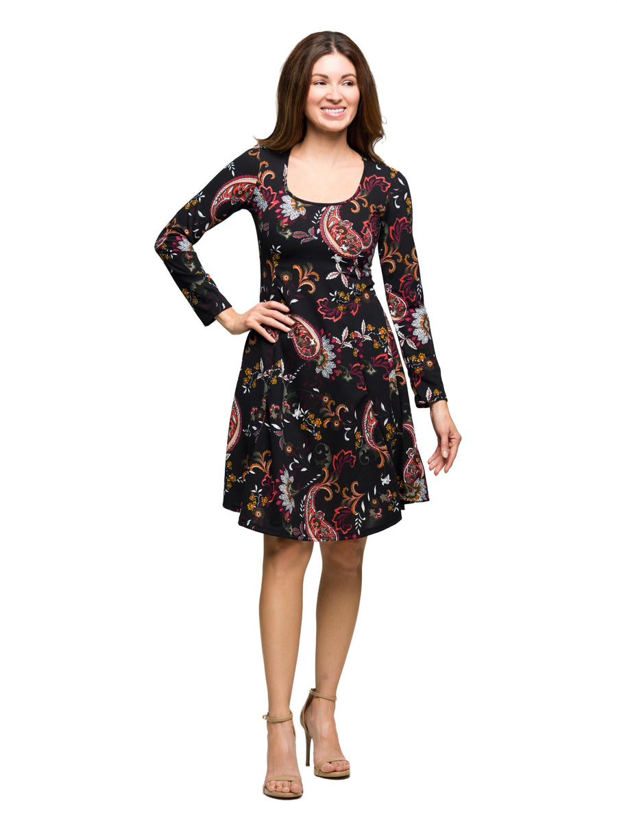 Essential Womens Black Paisley Print Long Sleeve Fit and Flare Dress