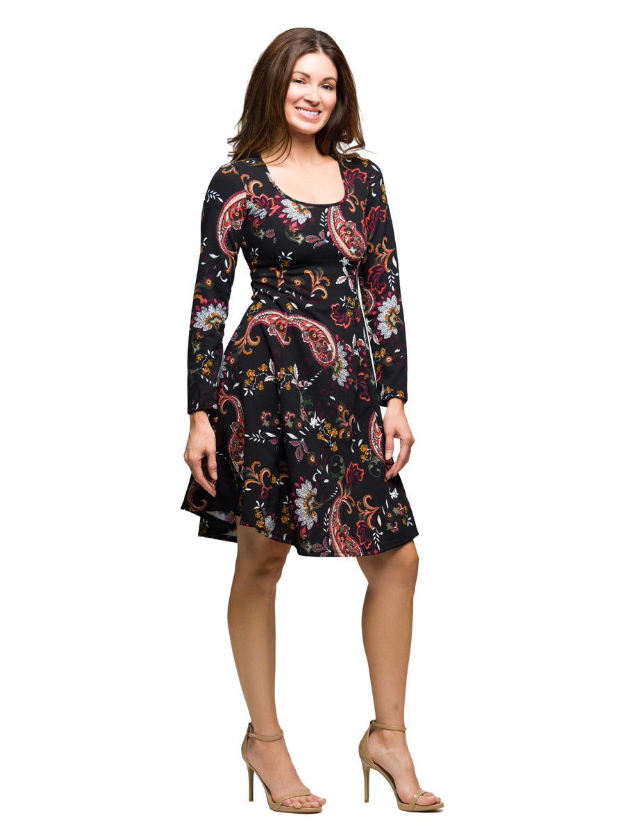 Essential Womens Black Paisley Print Long Sleeve Fit and Flare Dress