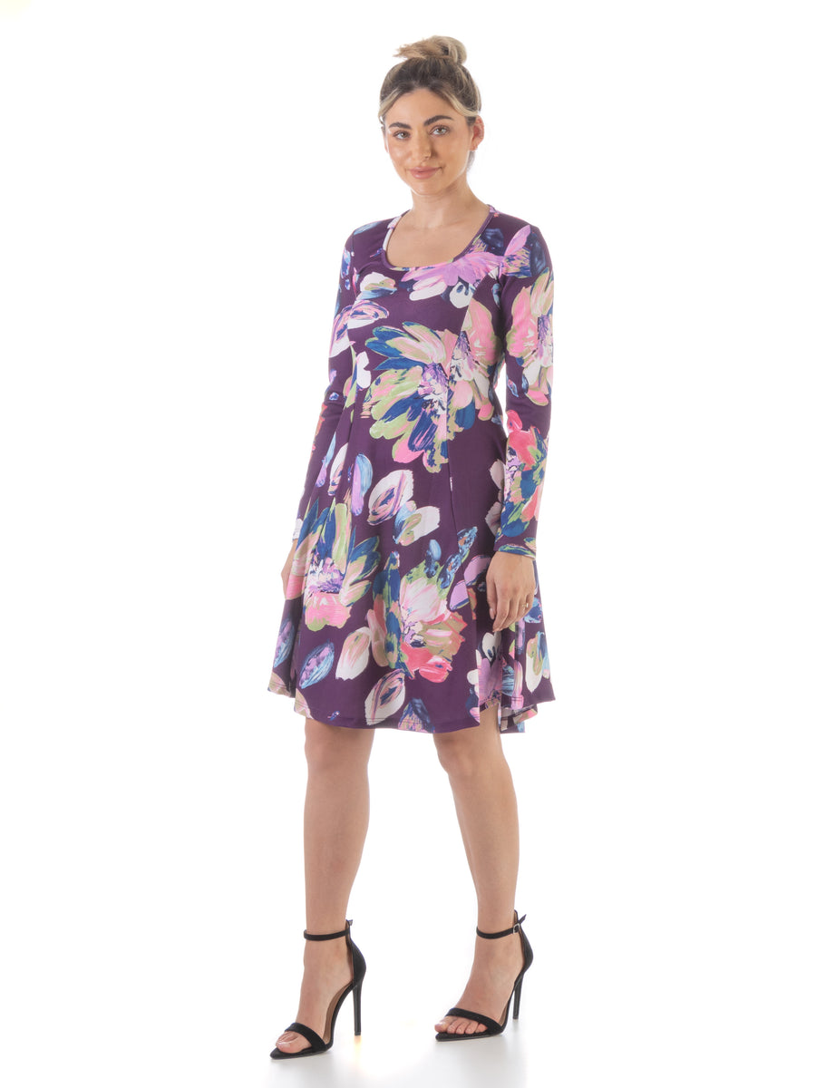 Essential Womens Floral Scoop Long Sleeve Knee Length Dress