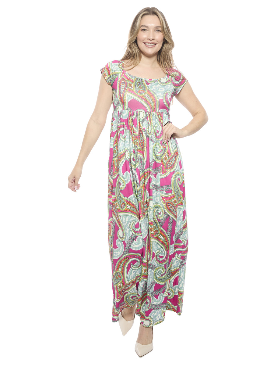 Essential Womens Paisley Square Neck Cap Sleeve A Line Maxi Dress