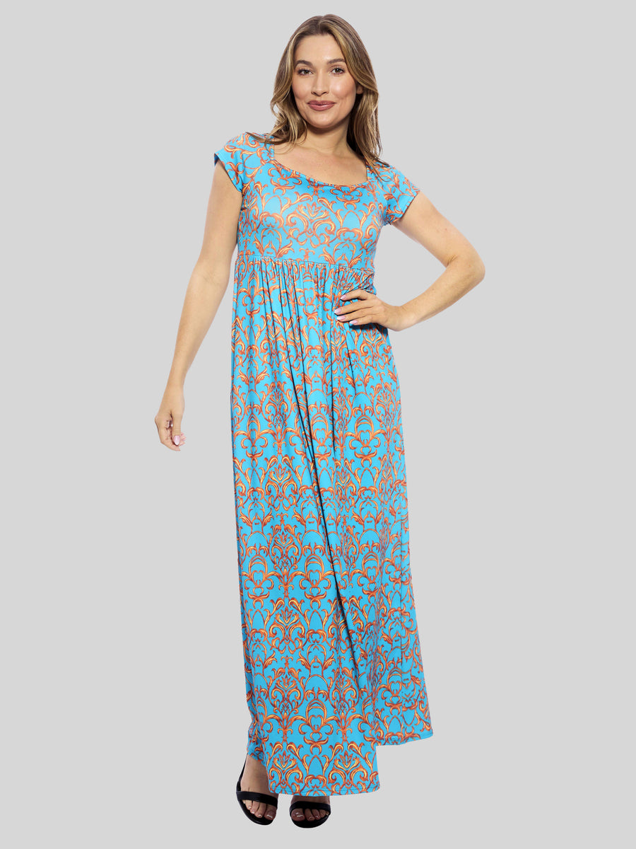 Essential Womens Abstract Square Neck Cap Sleeve A Line Maxi Dress