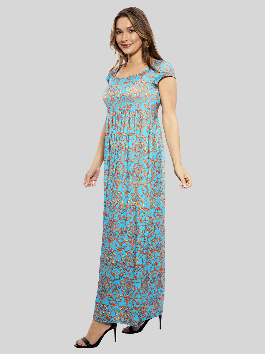 Essential Womens Abstract Square Neck Cap Sleeve A Line Maxi Dress