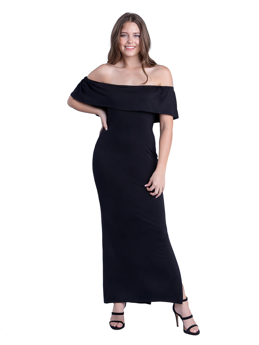Essential Womens Off the Shoulder Side Slit Fitted Maxi Dress