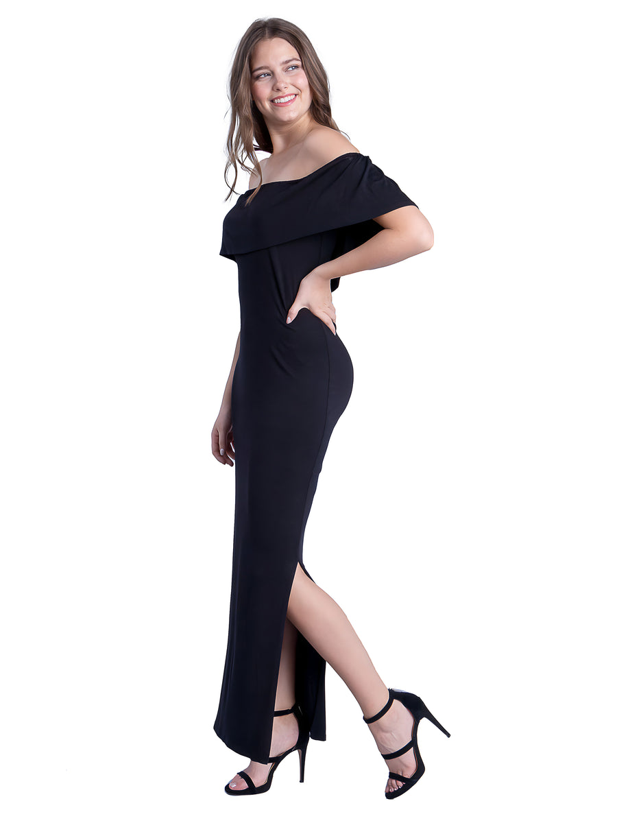 Essential Womens Off the Shoulder Side Slit Fitted Maxi Dress