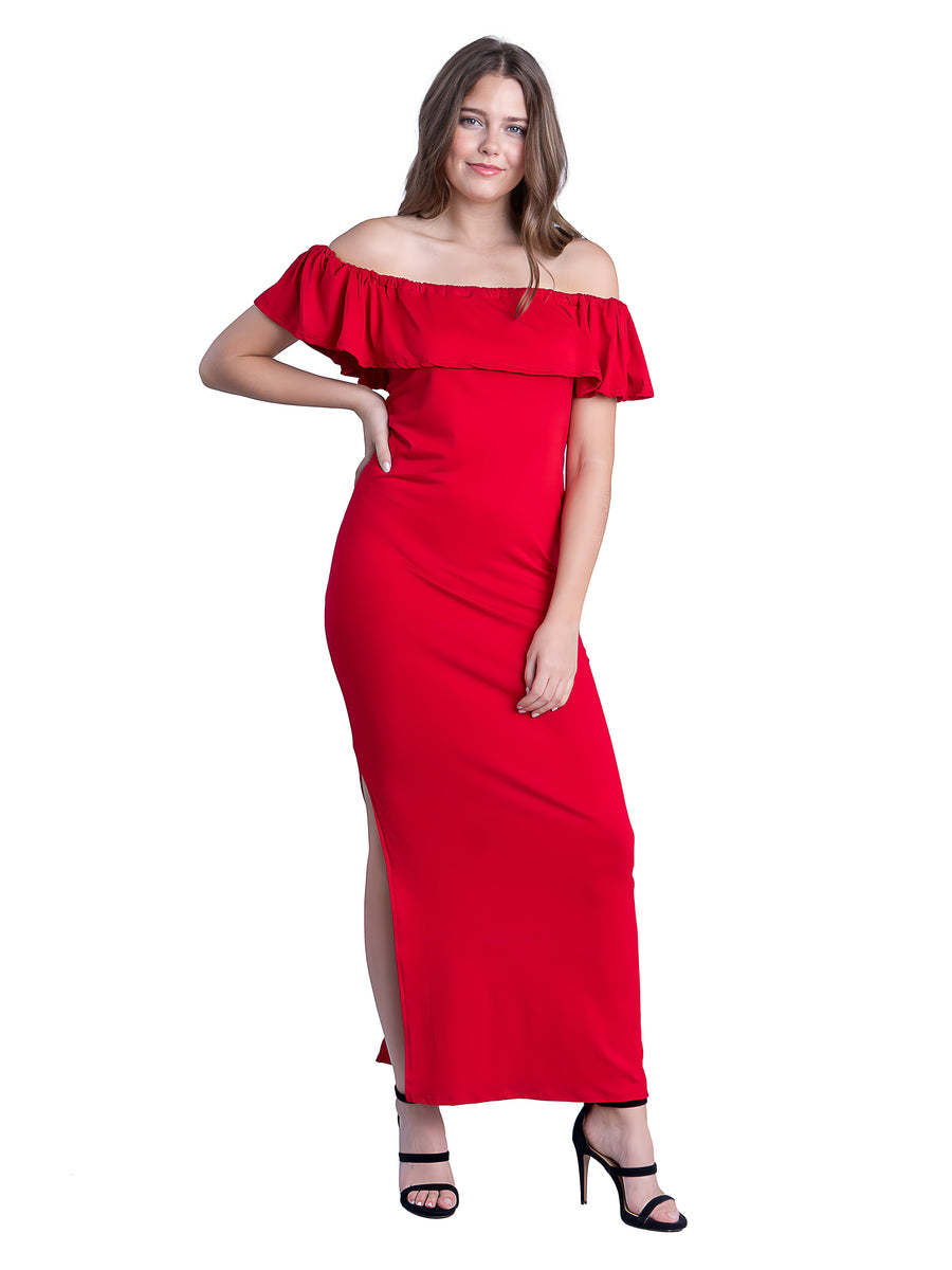 Essential Womens Off the Shoulder Side Slit Fitted Maxi Dress