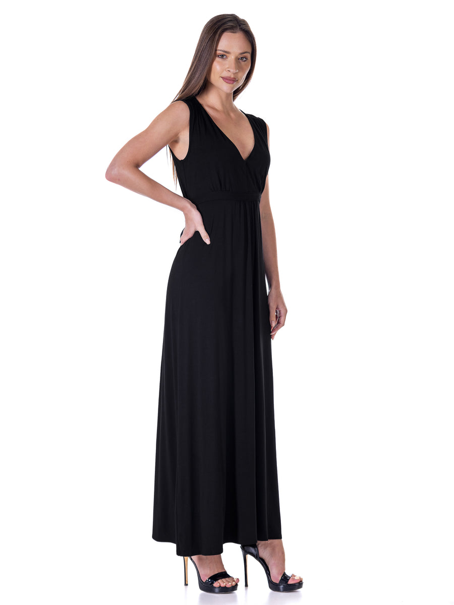 Essential Womens V Neck Tie Back Empire Waist Sleeveless Maxi Dress
